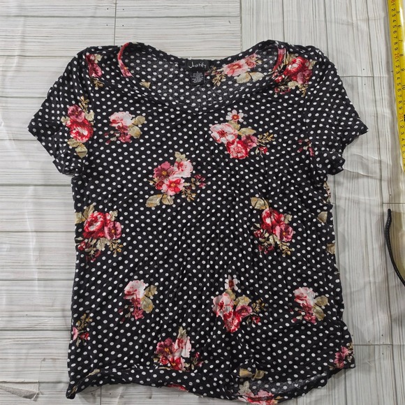 Justify Tops - Justify Womens Floral Polka Dot Short Sleeve Scoop Neck Top Black Size S